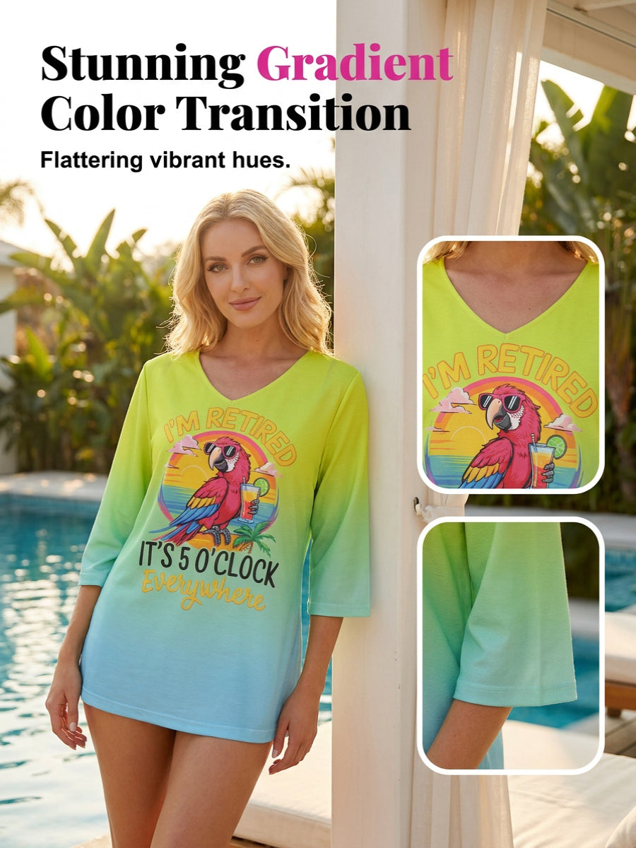 Women's I'm Retired It's 5 O'clock Everywhere Parrot Print Casual Half-Sleeve Top