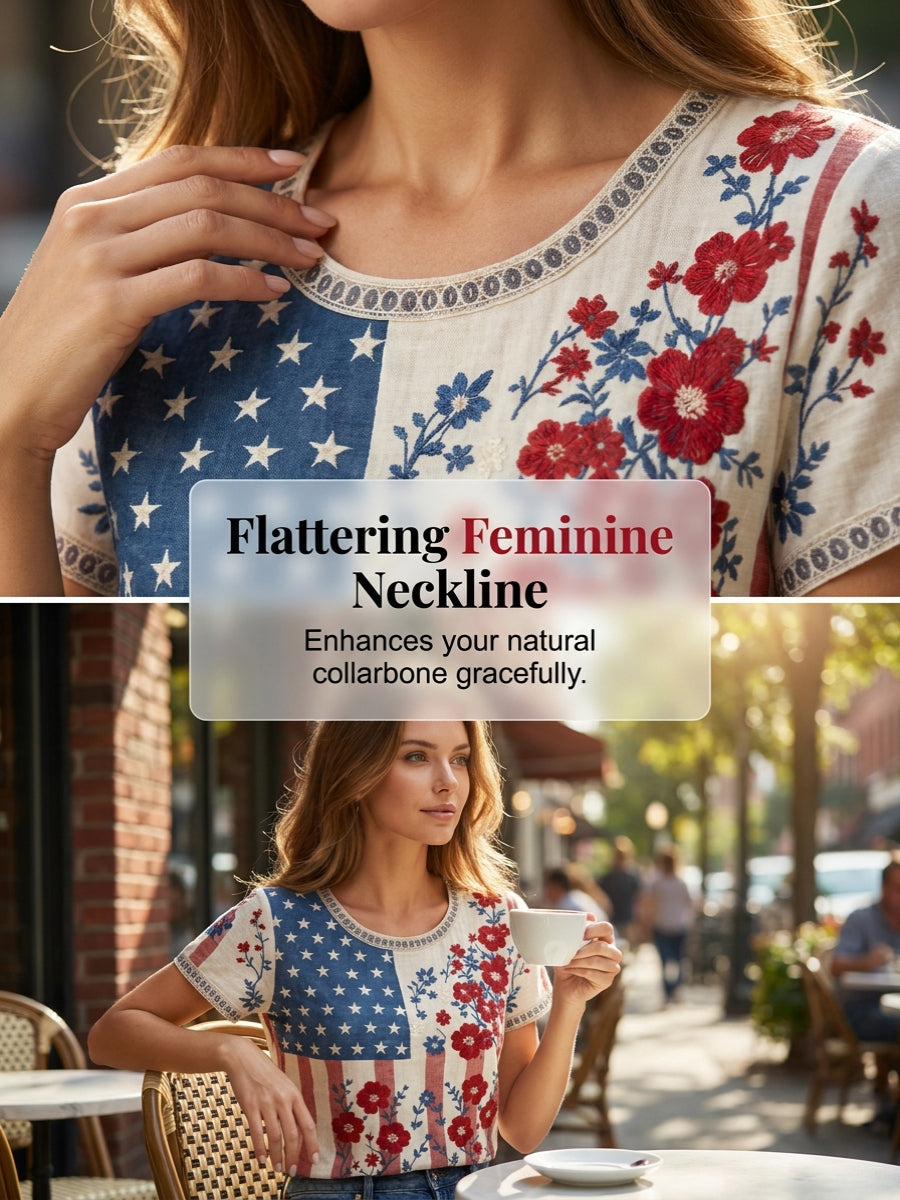 Women's Independence Day Flag & Floral Pattern Casual Short Sleeves Top