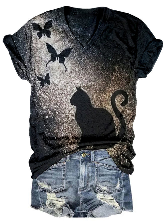 Women's Cat Butterfly Print V-Neck Short Sleeve Casual T-Shirt