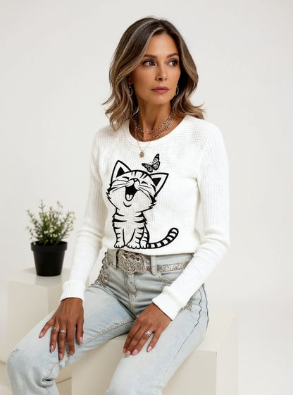 Women's Cute Cat Print Cat Lovers Casual Long Sleeve Waffle Top
