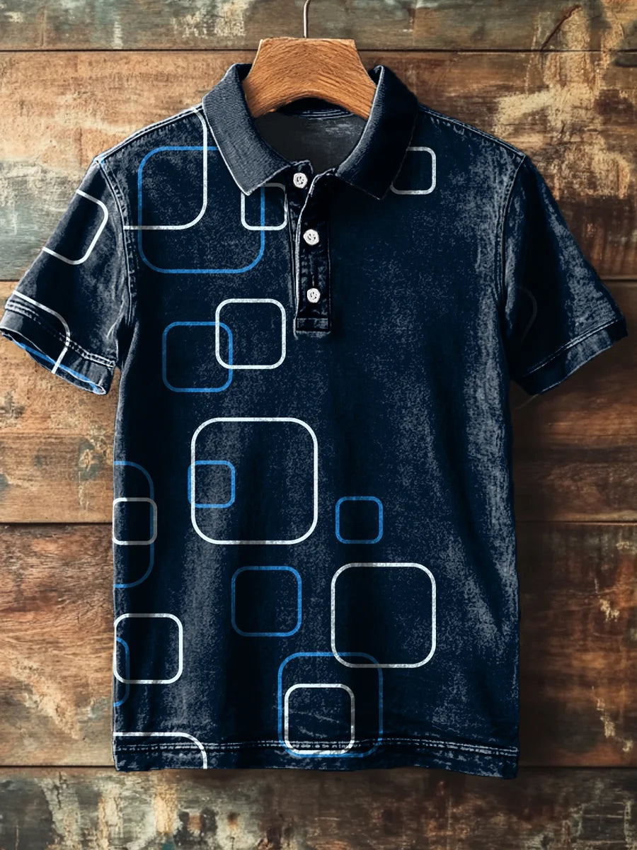 Vintage Blue Geometric Art Print Casual Polo Shirt
