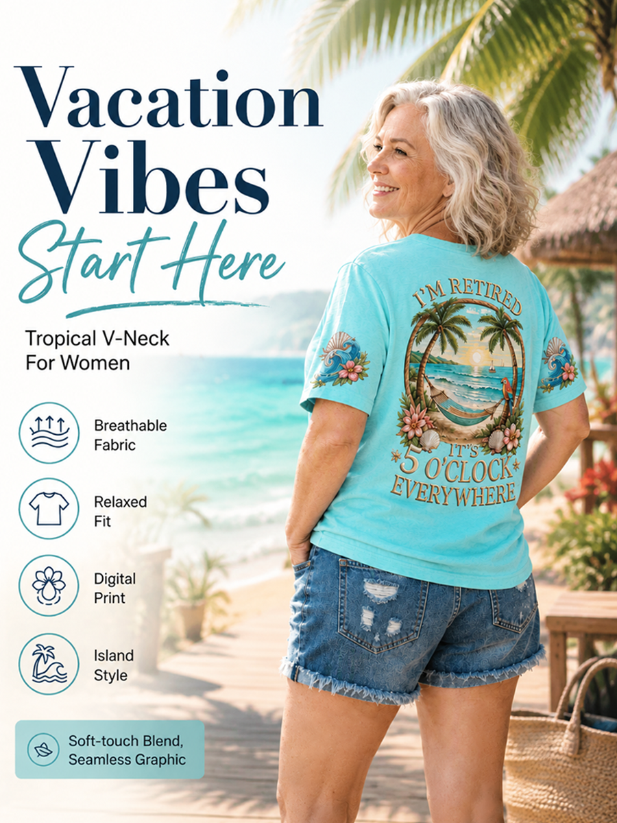 Women's I'm Retired It's 5 O'clock Everywhere Parrot Print Casual V-Neck Tee