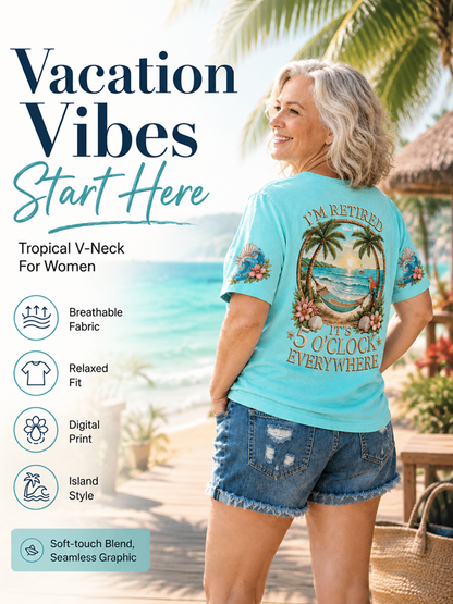 Women's I'm Retired It's 5 O'clock Everywhere Parrot Print Casual V-Neck Tee