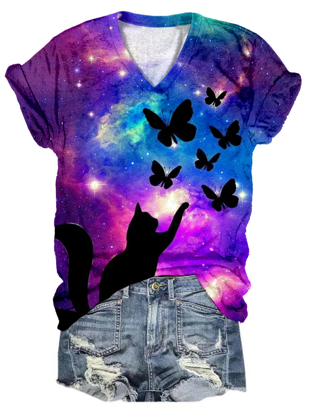 Cat And Butterfly Print V-Neck Short Sleeve Casual T-Shirt