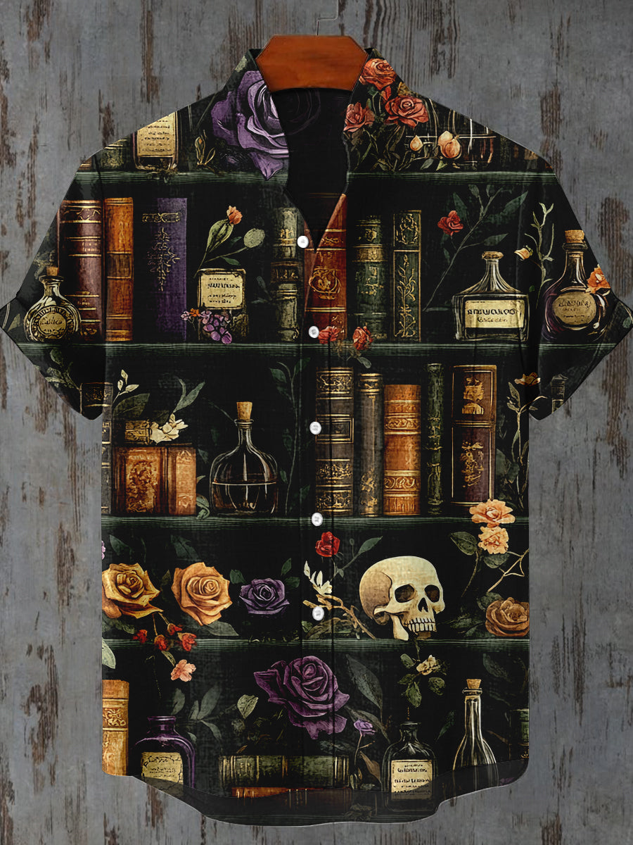 Bookshelf Skeleton Art Print Casual Shirt