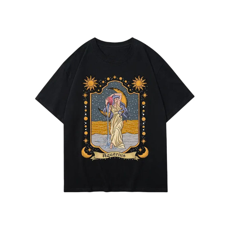 Unisex Tarot Aquarius Zodiac Casual Crew Neck Short-Sleeve T-shirt