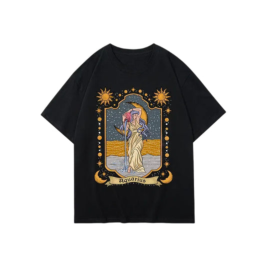 Unisex Tarot Aquarius Zodiac Casual Crew Neck Short-Sleeve T-shirt