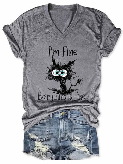 I Am Fine Everything Is Fine Cat Print Shirts&Tops