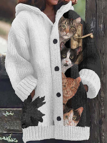 Women's Fun Cat Pattern Casual Warm Button Hooded Cardigan