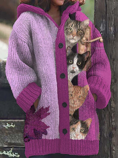 Women's Fun Cat Pattern Casual Warm Button Hooded Cardigan