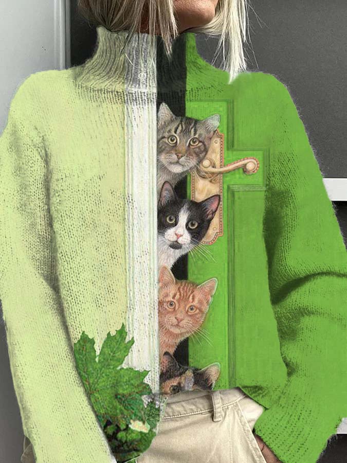 Women's Open Door Cat Fun Pattern Warm Casual Turtleneck Sweater