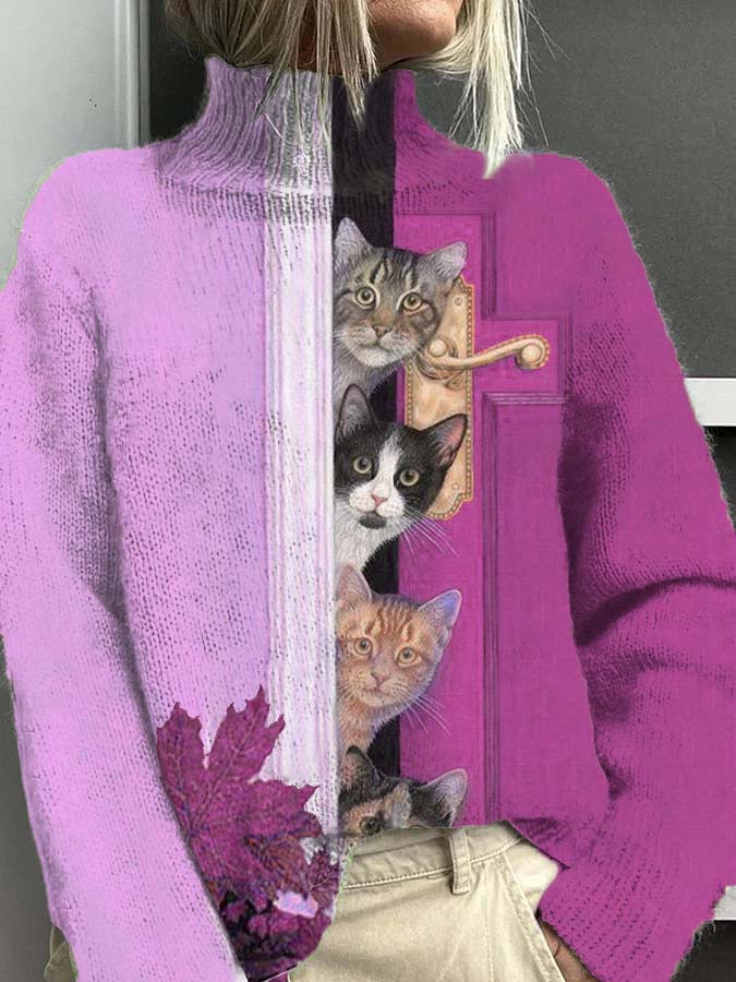 Women's Open Door Cat Fun Pattern Warm Casual Turtleneck Sweater