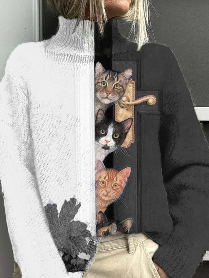 Women's Open Door Cat Fun Pattern Warm Casual Turtleneck Sweater