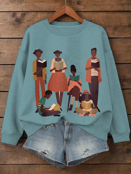 Women's Reading Lovers Illustration Print Cotton Long Sleeve T-Shirt Thin Sweatshirt