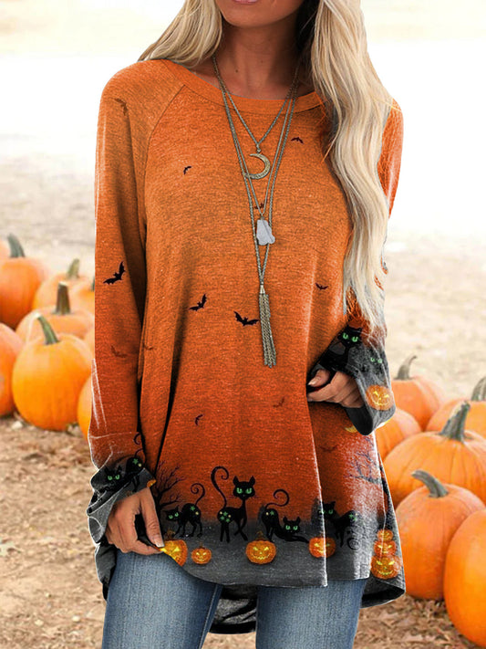 Halloween Black Cat Pumpkin Print Long Sleeve Tops