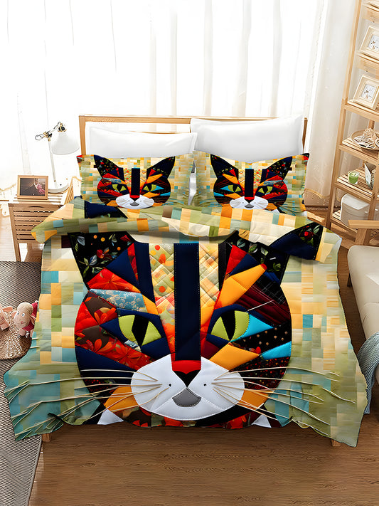 3-Piece Quilted Bedding Sets Colorful Cat