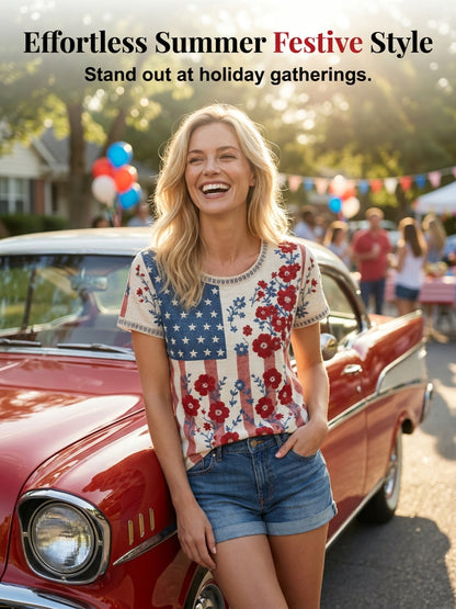Women's Independence Day Flag & Floral Pattern Casual Short Sleeves Top