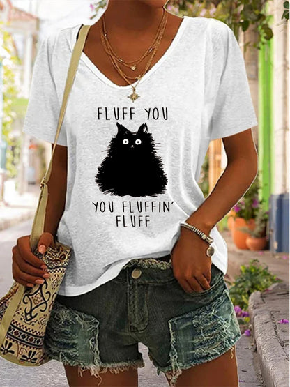 Women's Funny Cat Print V-Neck Short Sleeve Casual T-Shirt