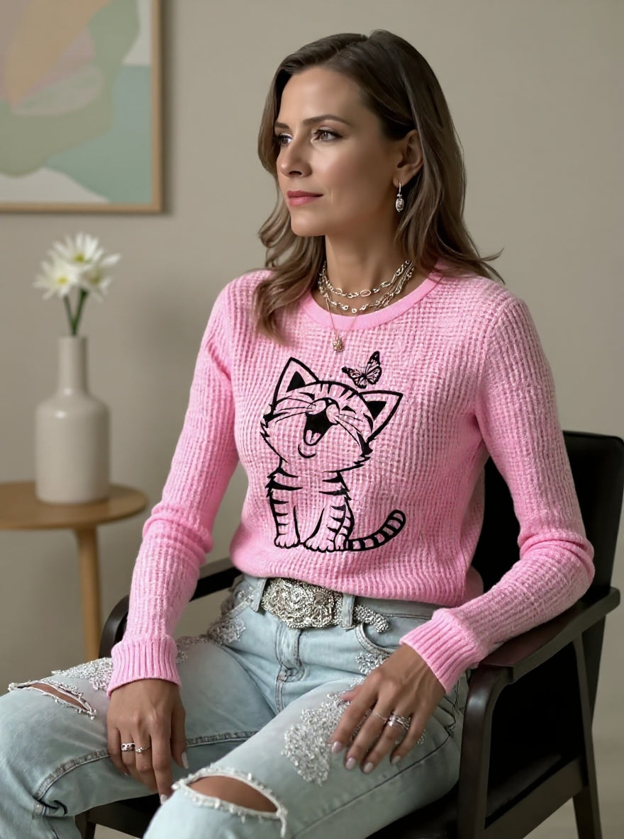 Women's Cute Cat Print Cat Lovers Casual Long Sleeve Waffle Top