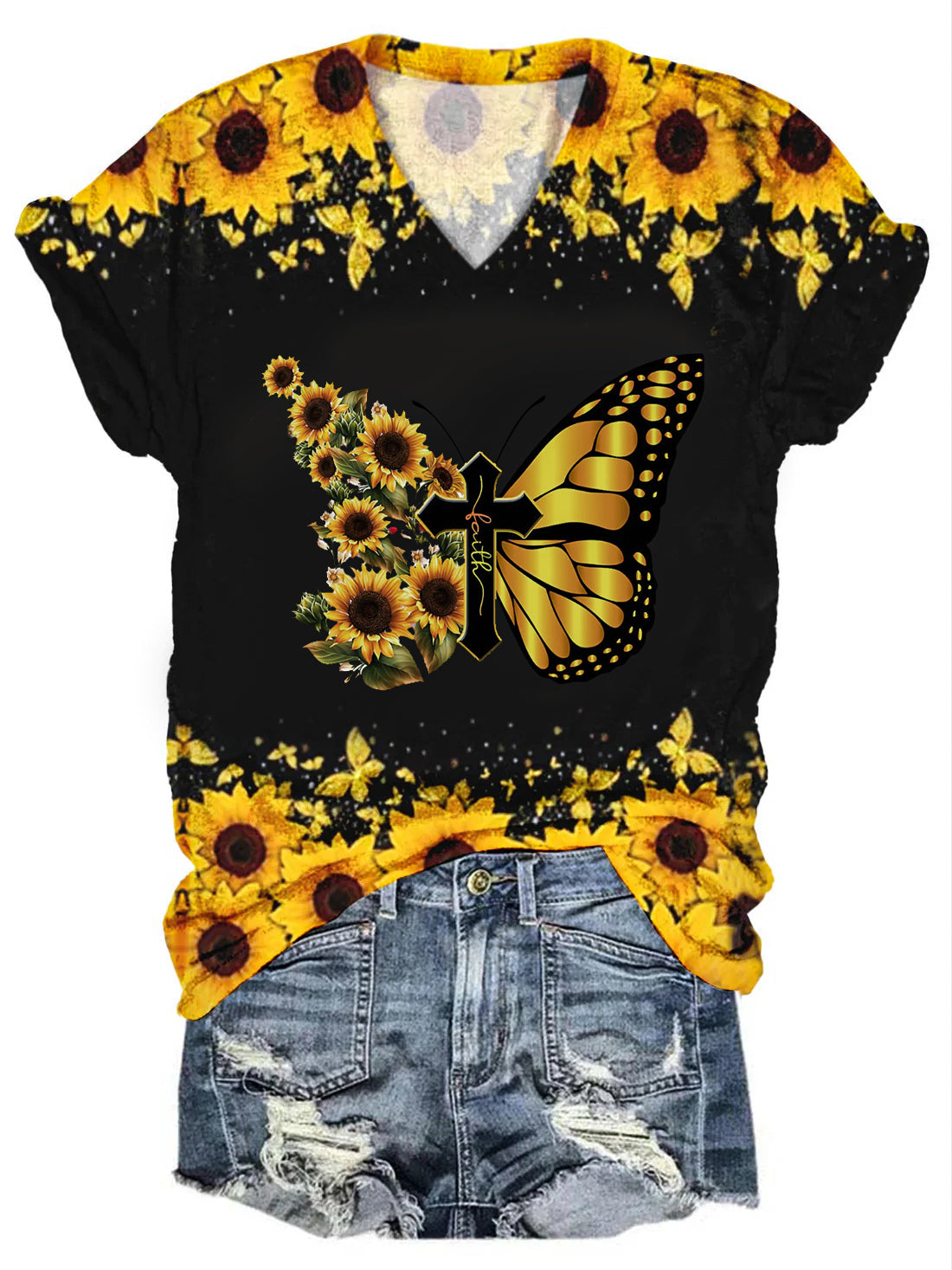 Women's Sunflower Butterfly Faith Print Top