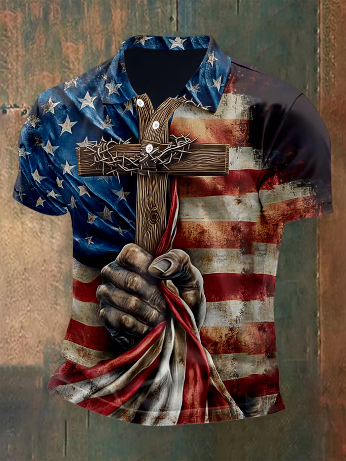 Men's American Flag Button Short Sleeve Polo Shirt