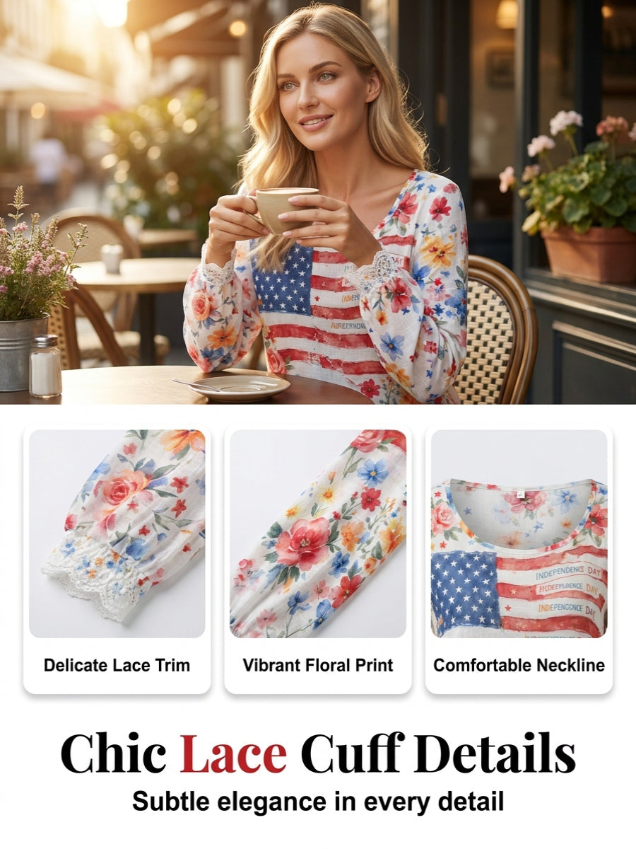 Women's Independence Day Flag & Floral Pattern Casual Long-sleeve Top