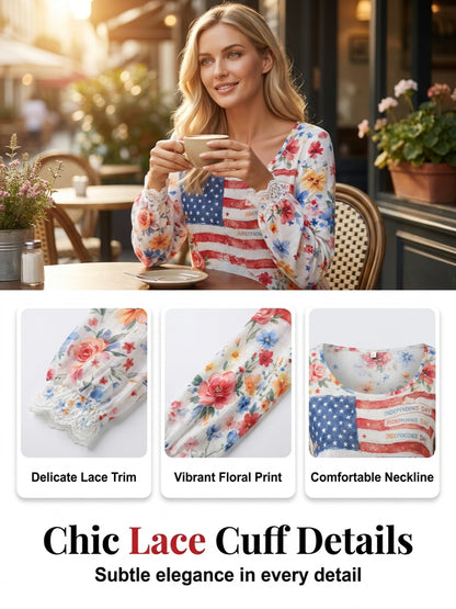 Women's Independence Day Flag & Floral Pattern Casual Long-sleeve Top