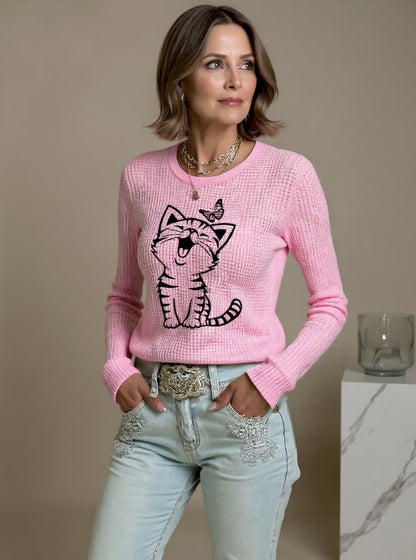 Women's Cute Cat Print Cat Lovers Casual Long Sleeve Waffle Top