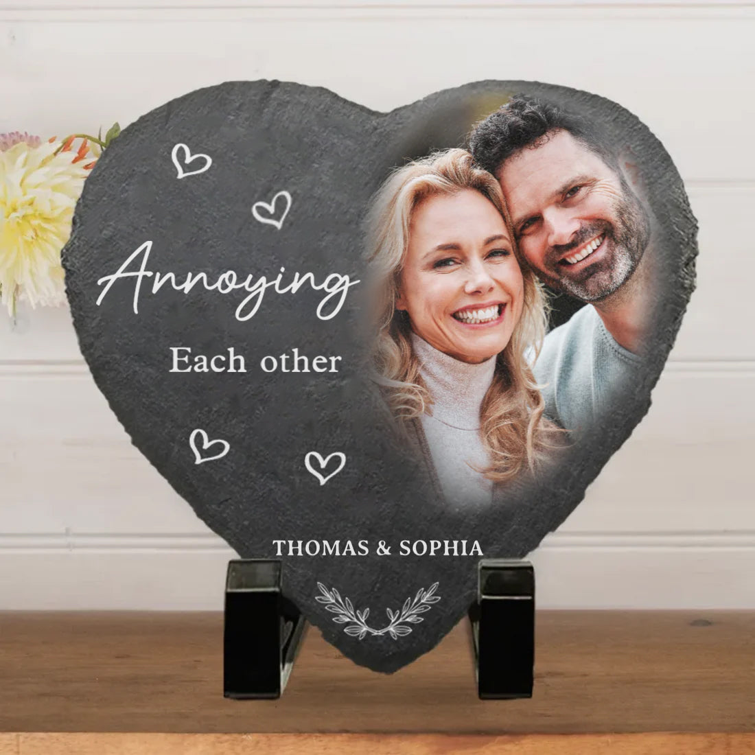 Annoying Each Other – Custom Heart-Shaped Photo Stone with Stand, Personalized Gift for Husband & Wife, Anniversary Keepsake