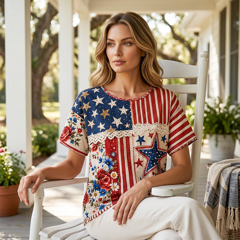 Women's Retro American Floral Patchwork Print Casual T-shirt
