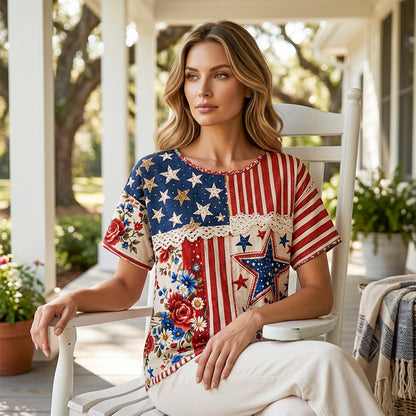 Women's Retro American Floral Patchwork Print Casual T-shirt