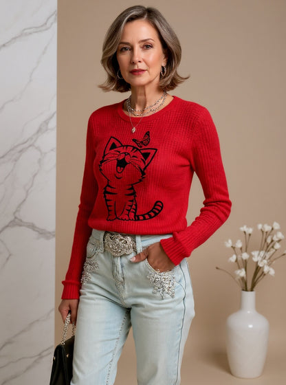 Women's Cute Cat Print Cat Lovers Casual Long Sleeve Waffle Top