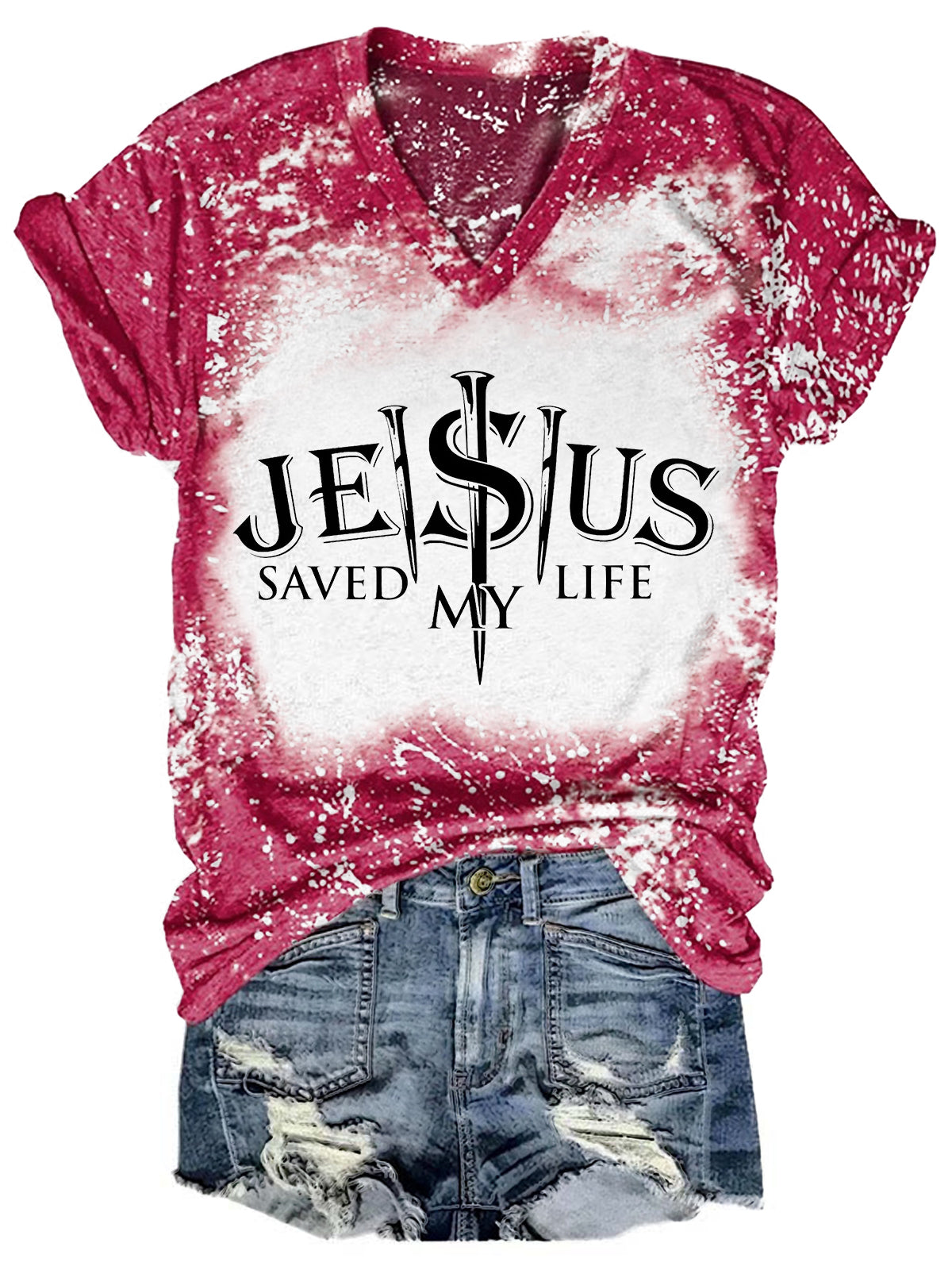 Jesus Saved My Life Tie Dye V Neck T-shirt