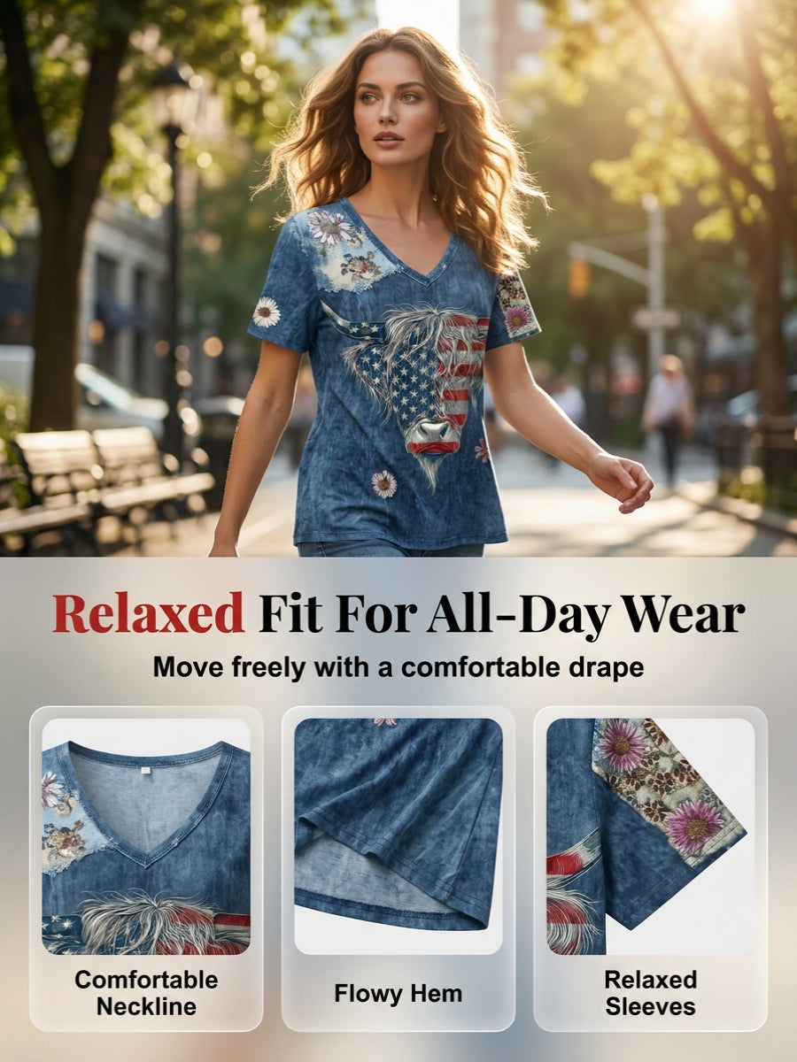 Women's American Flag Highland Cow Print Casual T-Shirt