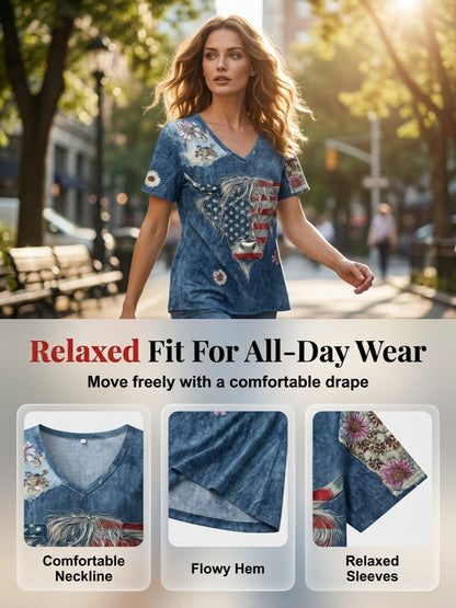 Women's American Flag Highland Cow Print Casual T-Shirt