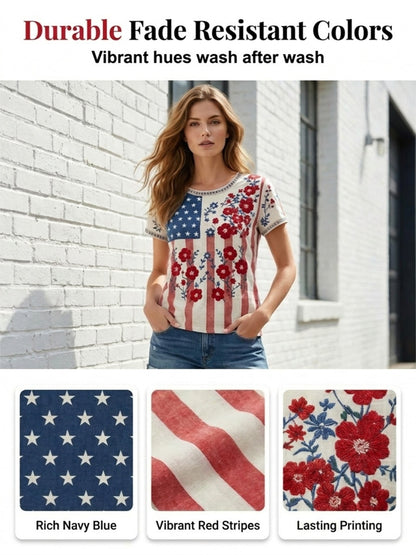 Women's Independence Day Flag & Floral Pattern Casual Short Sleeves Top