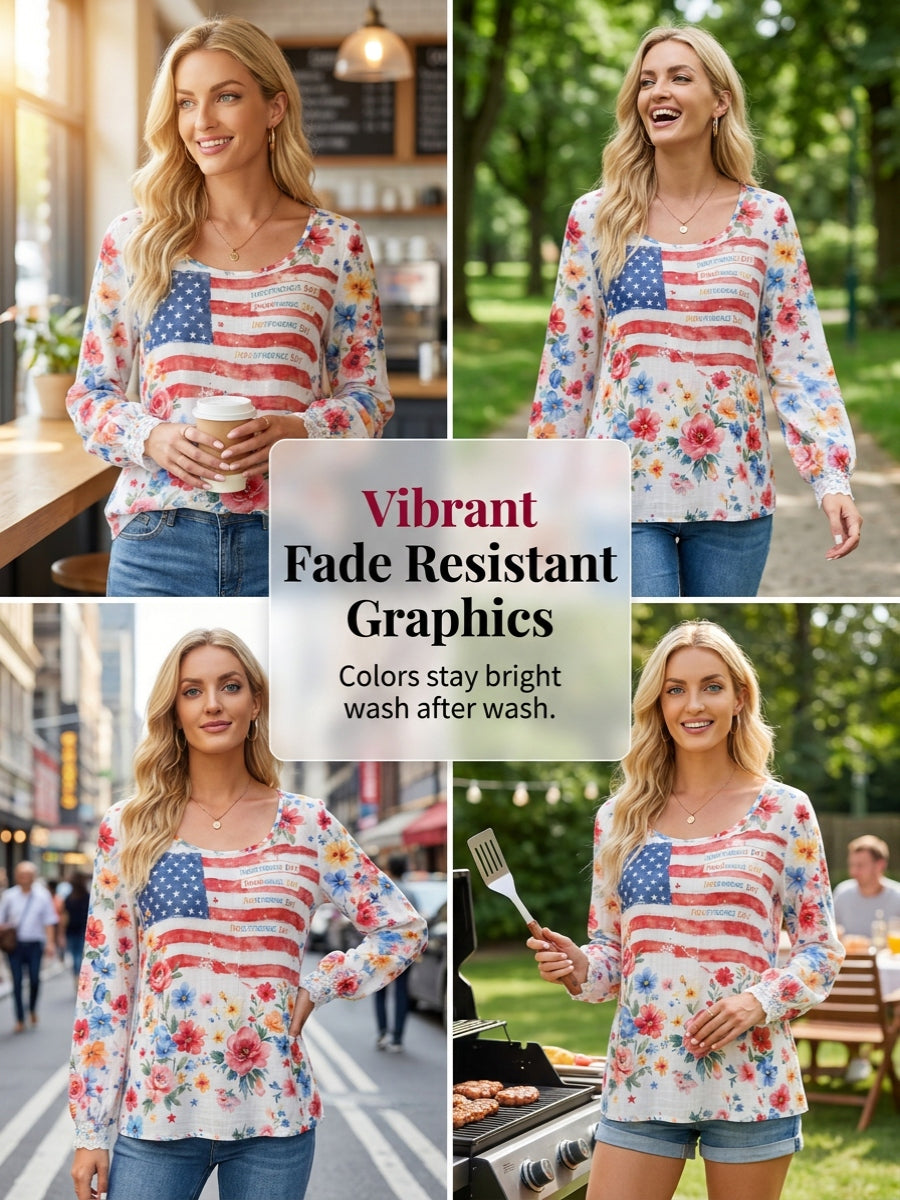 Women's Independence Day Flag & Floral Pattern Casual Long-sleeve Top