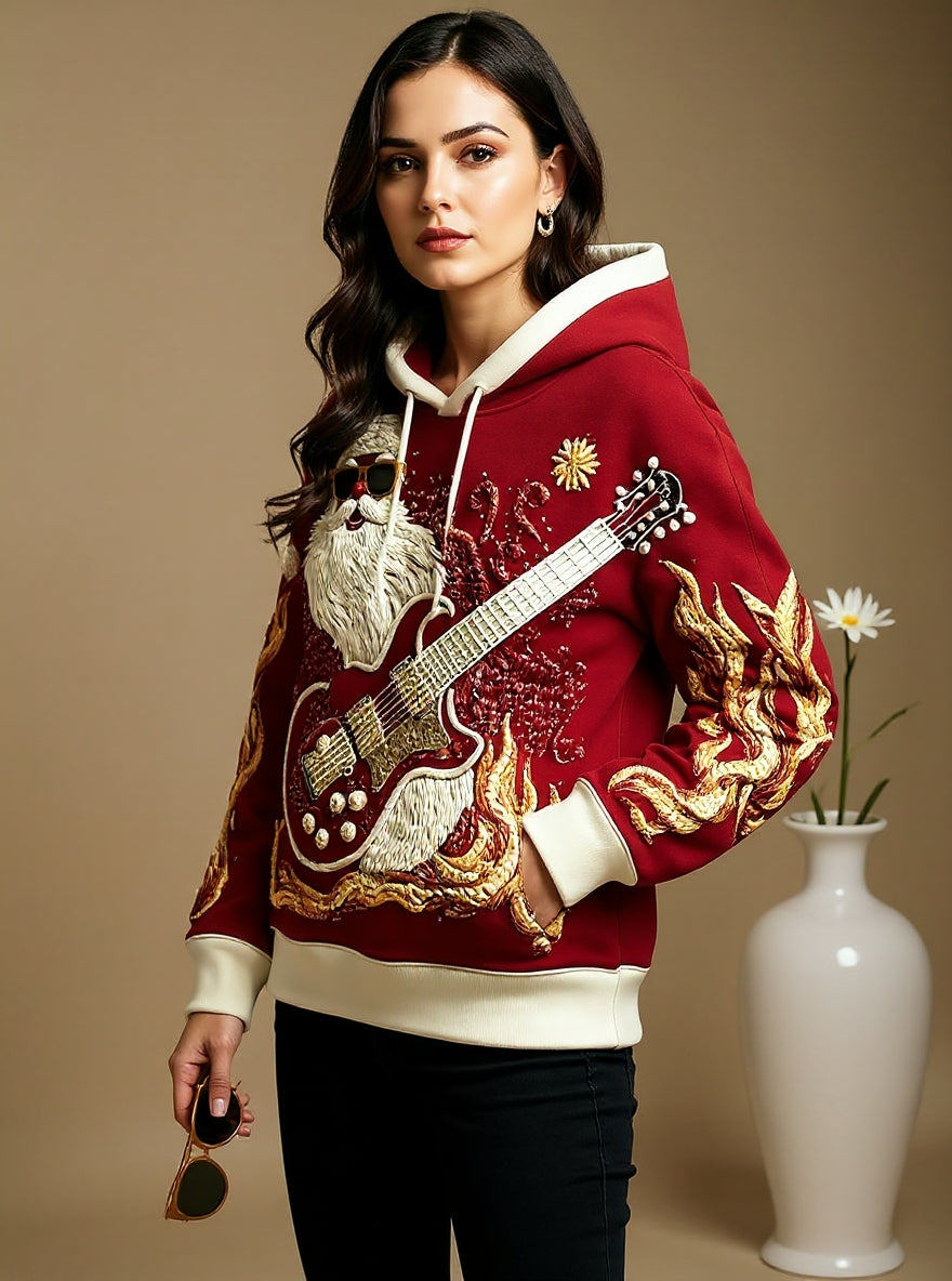 Men's Christmas Santa Guitar Drop-Shoulder Hoodie (No Pockets)