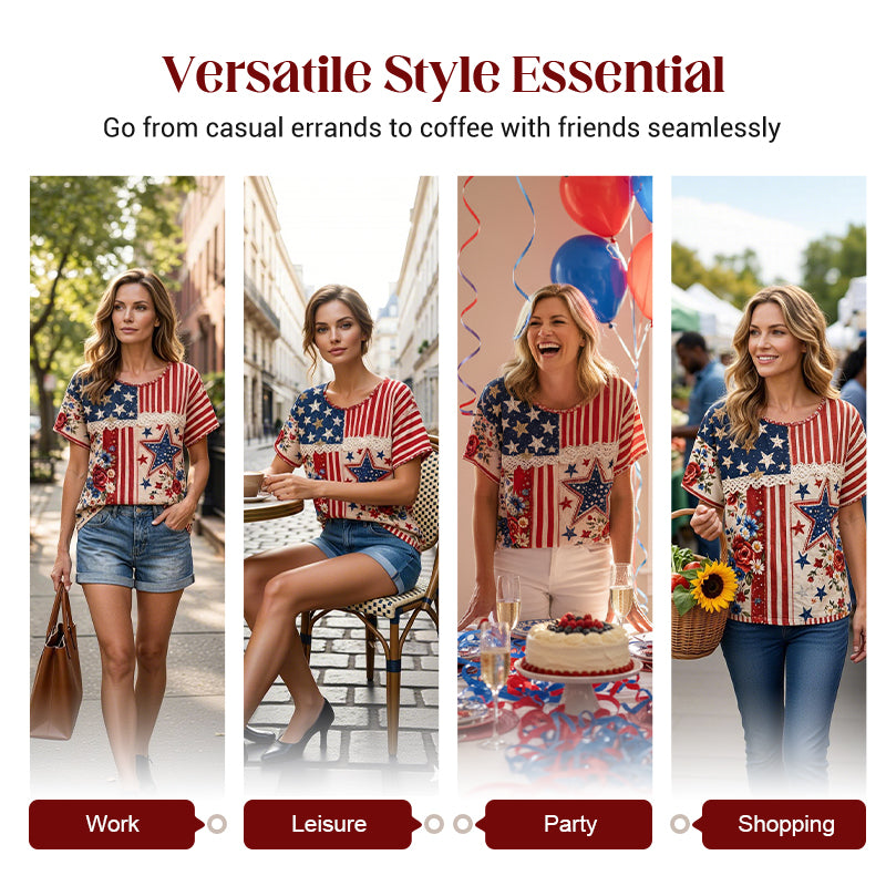 Women's Retro American Floral Patchwork Print Casual T-shirt