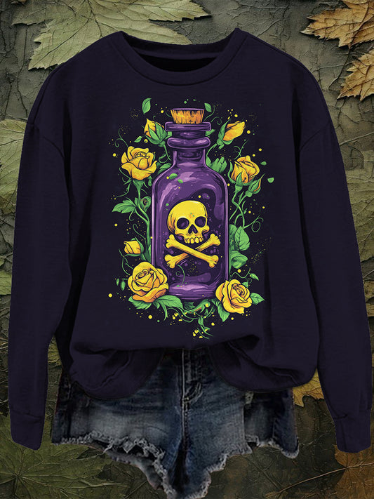 Witch Bottle Skull Art Print Long Sleeve Casual Sweatshirt