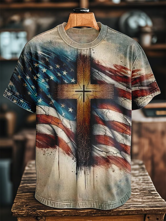 Men's Vintage Casual American Flag Cross Art Short Sleeve T-Shirt