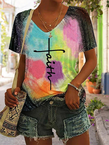 Women's Faith V Neck Tie Dye Print Top