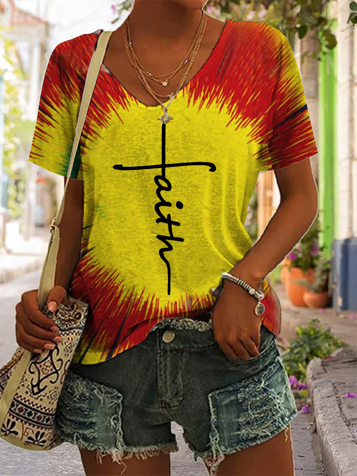 Women's Faith V Neck Tie Dye Print Top