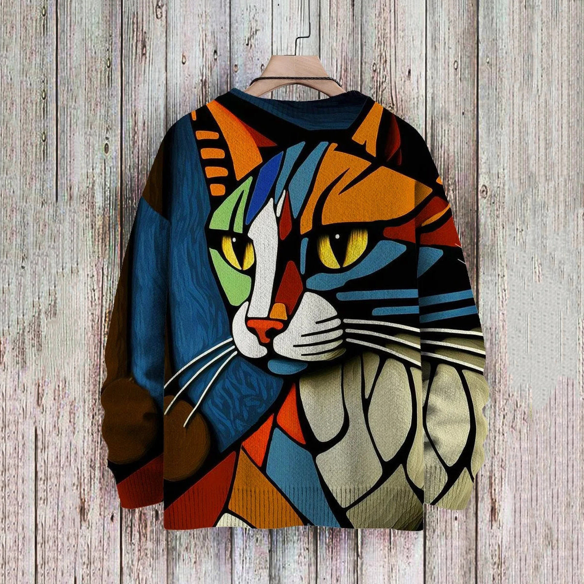 Abstract Art Cat Multicolor Print Casual Pullover Knitted Sweater