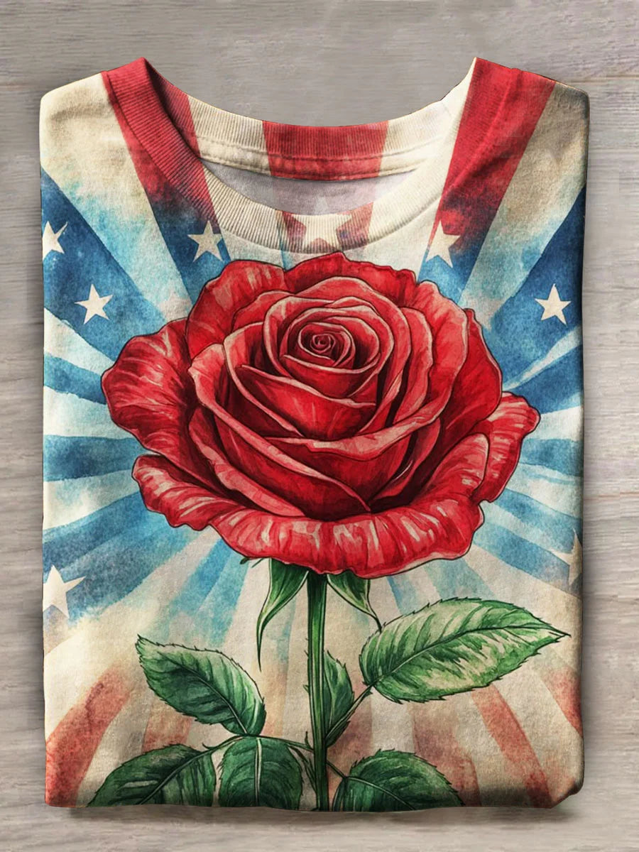 Independence Day Rose Flower Prints Casual T-shirt