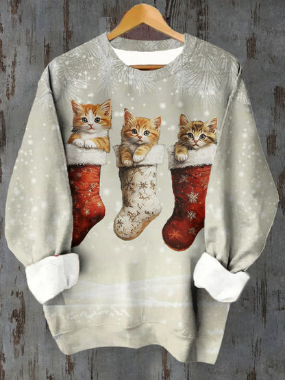 Women's Socks Cat Pattern Casual Round Neck Long Sleeve Sweatshirt