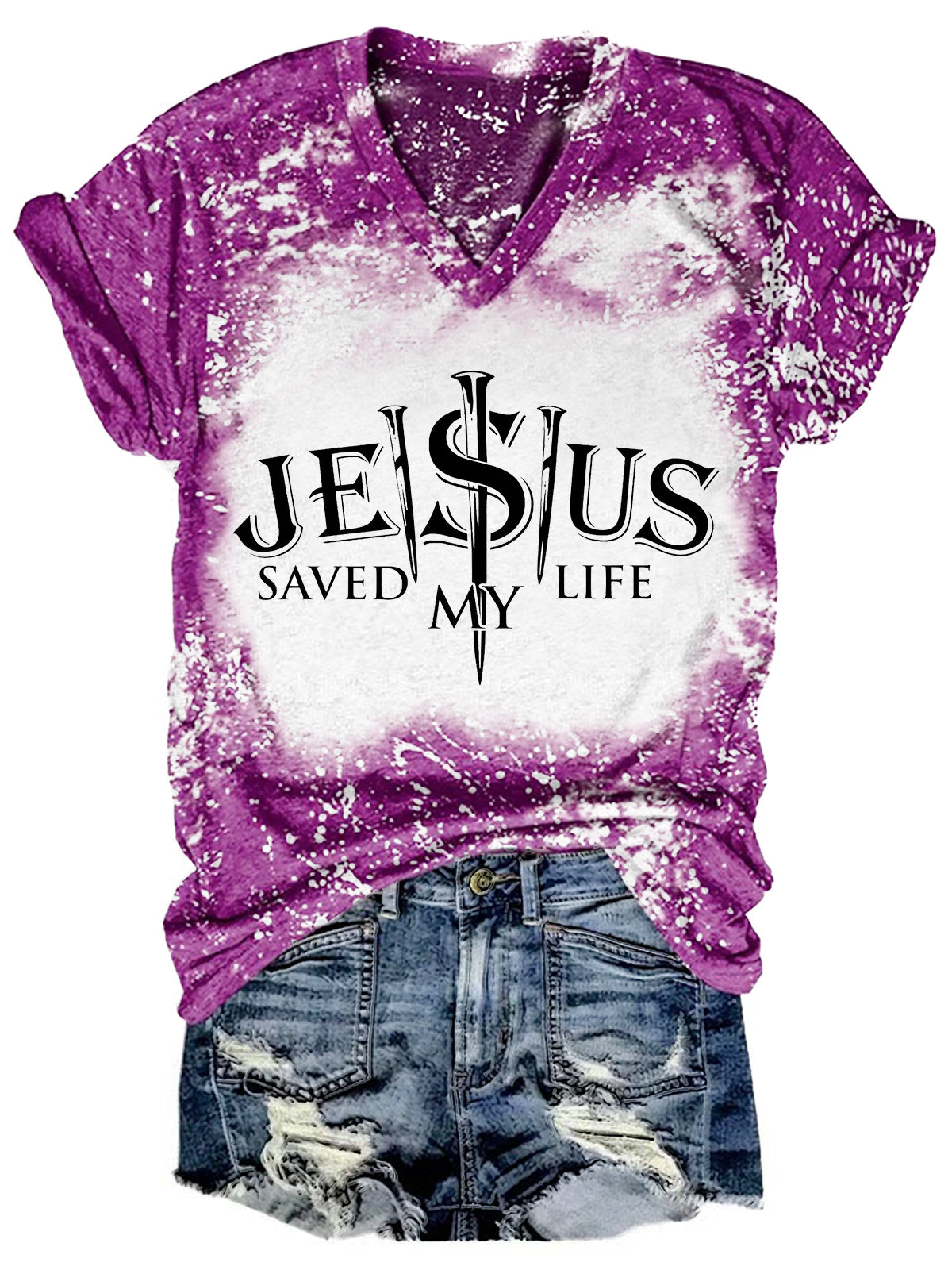 Jesus Saved My Life Tie Dye V Neck T-shirt