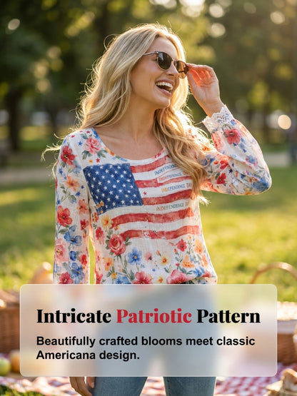Women's Independence Day Flag & Floral Pattern Casual Long-sleeve Top