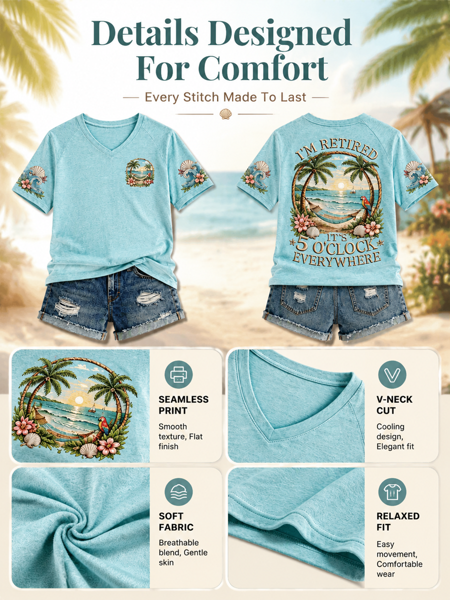 Women's I'm Retired It's 5 O'clock Everywhere Parrot Print Casual V-Neck Tee