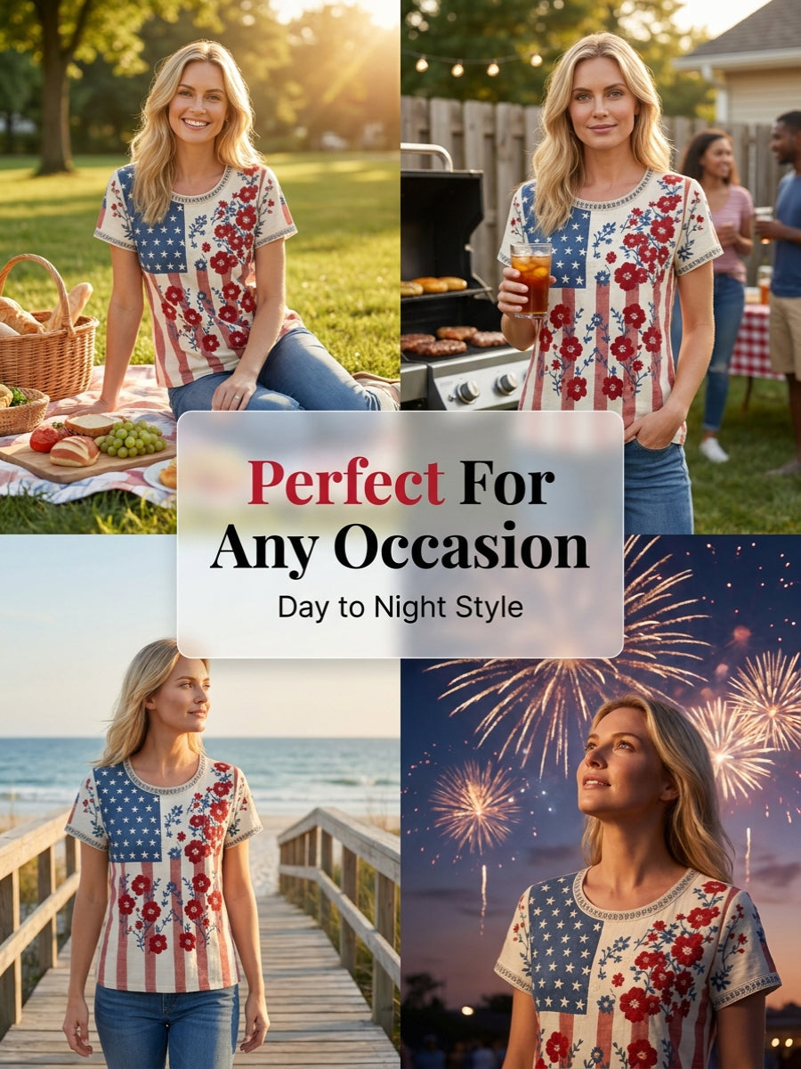 Women's Independence Day Flag & Floral Pattern Casual Short Sleeves Top